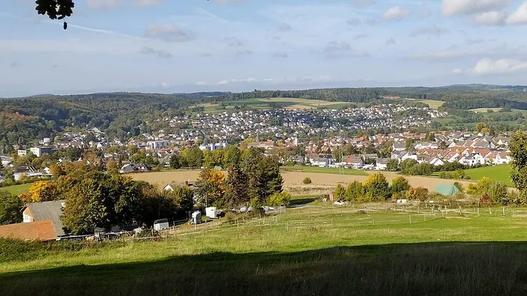 Erbach, view from the east to the town in the valley of the Mümling (Odenwaldkreis, Hesse, Germany)