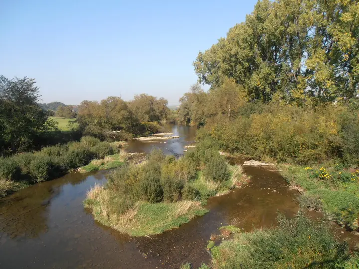 Kocher bei Niedrigwasser, gesehen flussabwärts von der Brücke in Kochertürn