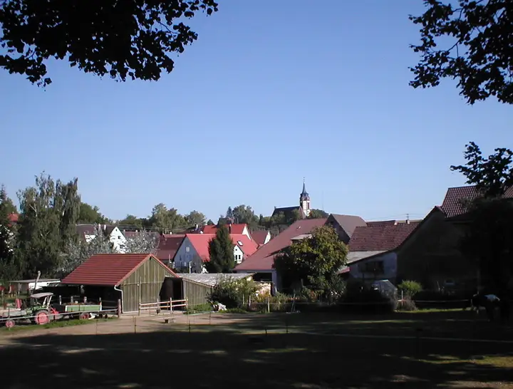 Blick vom Schloss Massenbach über das Dorf Massenbach (Schwaigern, Lkr. Heilbronn)