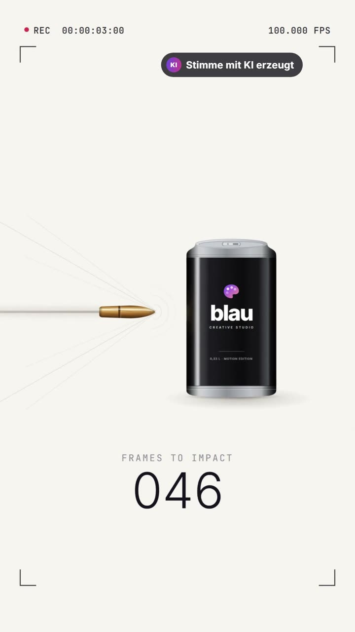 Standbild aus dem Motion-Design-Reel Frames to Impact: Kugel kurz vor einer Dose mit dem Logo von Blau Creative Studio